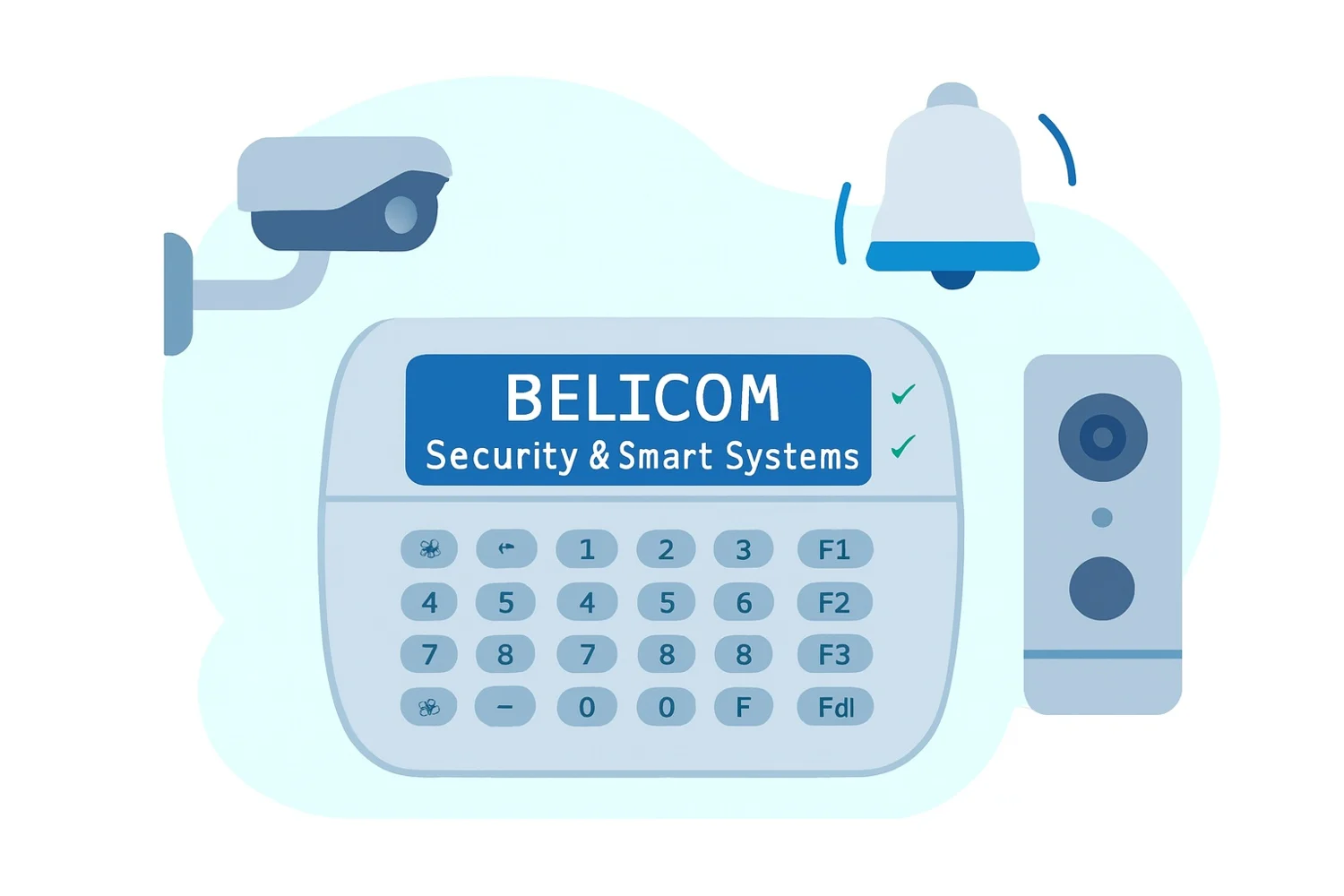 Belicom-illustratie van een alarmsysteem, camera en videofonie