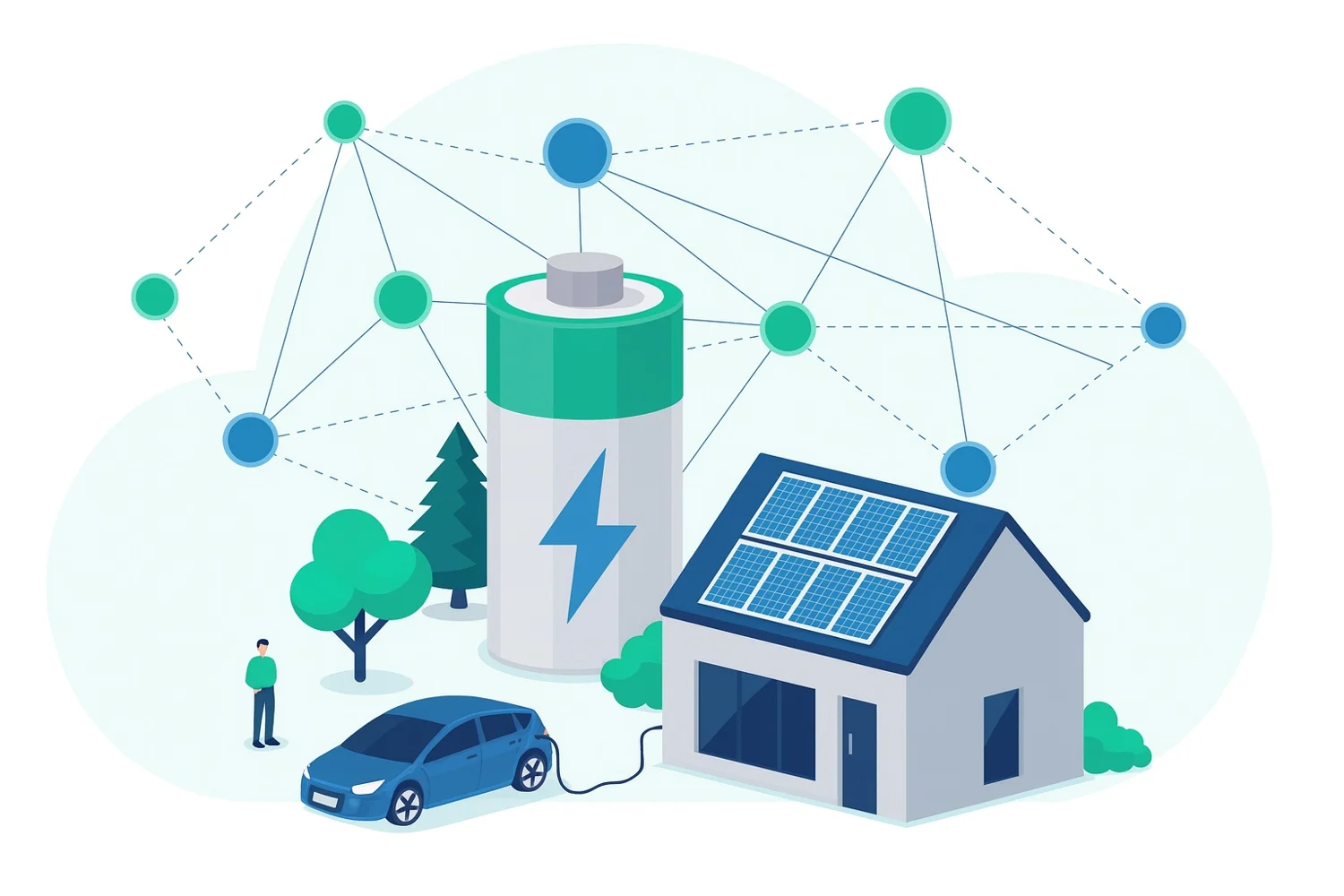Illustratie van een thuisbatterij, zonnepanelen en slim energiebeheer van Belicom